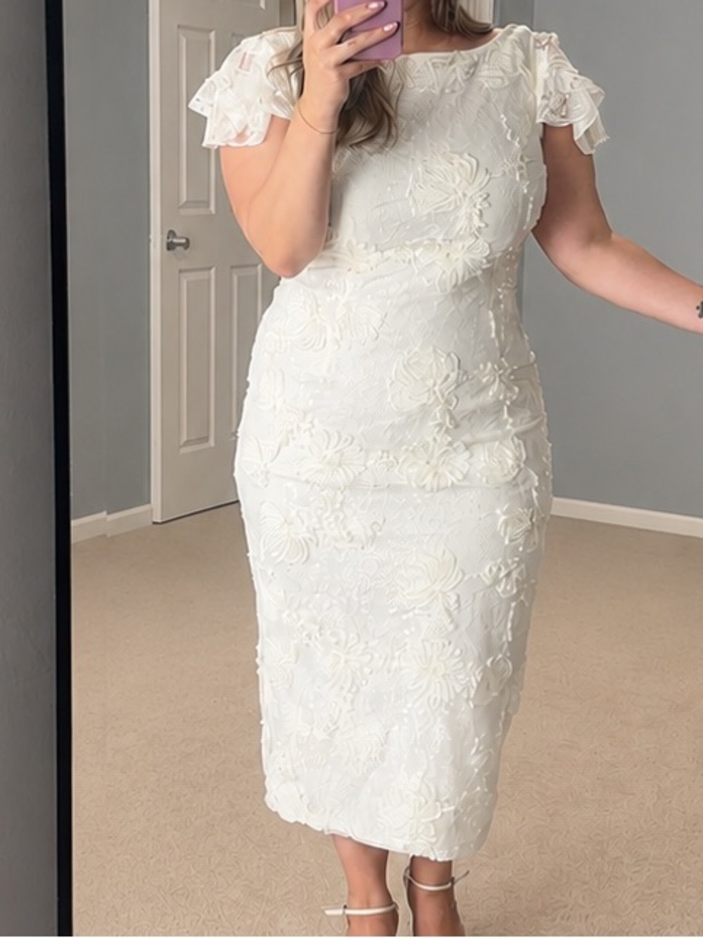 Lulu's Ivory Floral Lace Midi Dress with Flutter Sleeves